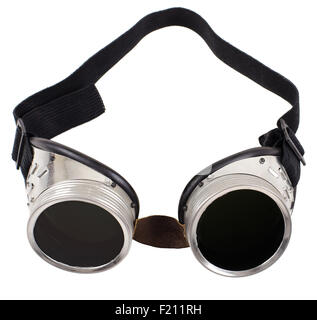 photo blak  welded protective spectacles on white background isolated, close up Stock Photo
