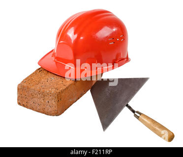 photo  beauty red  safety cap and  brick with  plane, close up on white background, isolated Stock Photo