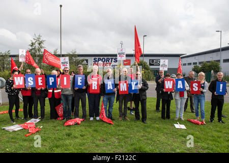 Shirebrooke, UK. 09th Sep, 2015. Unite union members holding the Polish slogan 'We Support You', demonstrate outside the headquarters of Sports Direct in Shirebrook where the company today held its Annual General Meeting. Unite the Union are demanding an end to what they call “Victorian” work practices at the Shirebrook warehouse. The protest is part of a national day of action outside Sports Direct stores across the UK organized by the union. Credit:  Mark Harvey/Alamy Live News Stock Photo