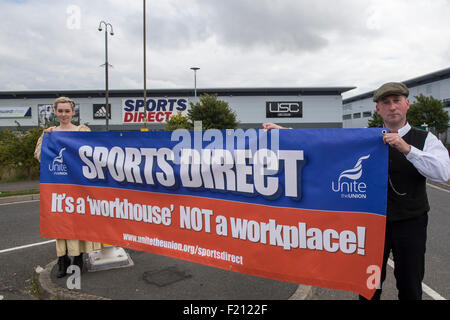 Shirebrooke, UK. 09th Sep, 2015. Unite union members, some dressed as Dickensian workers, demonstrate outside the headquarters of Sports Direct in Shirebrook where the company today held its Annual General Meeting. Unite the Union are demanding an end to what they call “Victorian” work practices at the Shirebrook warehouse. The protest is part of a national day of action outside Sports Direct stores across the UK organized by the union. Credit:  Mark Harvey/Alamy Live News Stock Photo