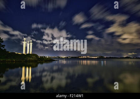 The Three Swords (Sverd i Fjell) stand on the edge of Hafrsfjord, 6km from the centre of Stavanger. Stock Photo