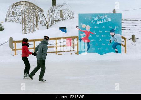 Canada, Quebec province, the Outaouais region, lGatineau, outdoor ice rink of Brewery Creek couple of skaters Stock Photo