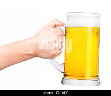 beer with man hand making toast isolated on a white background Stock Photo