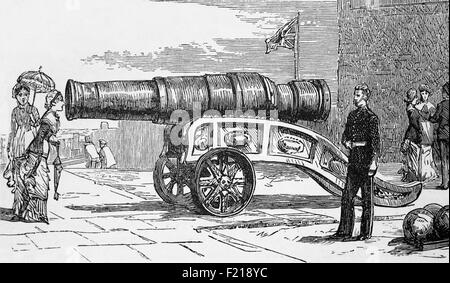 A 19th Century view of the 15th-century siege gun or bombard known as Mons Meg displayed on a terrace in front of St. Margaret's Chapel. It was constructed in the Flanders on the orders of Philip III, Duke of Burgundy in 1449, and given as a gift to King James II in 1457. The 13,000-pound gun resting on a reconstructed carriage was fired in salute to celebrate the marriage of Mary, Queen of Scots to the French dauphin, François II on 3 July 1558. The gun has been defunct since its barrel burst while firing a salute to greet the future King James VII and II, on his arrival in Edinburgh in 1681. Stock Photo