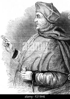 Thomas Wolsey (1473-1530) was an English political figure and cardinal of the Roman Catholic Church.  When Henry VIII became king of England in 1509, Wolsey became the King's almoner and Lord Chancellor, the King's chief adviser. England Stock Photo