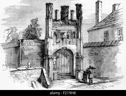 19th Century view of Wolsey's Gate or the 'Water Gate' as Wolsey would have known it, led directly to the river. In 1528, building work funded by Thomas Wolsey, Lord Chancellor of England,began on an ambitious project for a 'college' school in Ipswich to rival the likes of Eton College. Unfortunately the school's foundation coincided with Wolsey's fall from power over his failure to secure papal approval for Henry to divorce Catherine of Aragon. Wolsey was removed from office, arrested for treason, but died before he could be put on trial. Construction of the school ground to a halt. Stock Photo