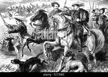 King Henry VIII at a Royal Hunt in Epping Forest, Essex, England on the morning of 19 May 1936, the day of the execution of Anne Boleyn (1501-1536) for high treason. Till then she was Queen of England from 1533 to 1536 as the second wife of King Henry VIII. Stock Photo