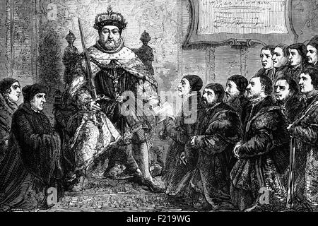 Henry VIII granting a Charter in 1539 to the Worshipful Company of Barber-Surgeons,  one of the Livery Companies of the City of London, England. The Fellowship of Surgeons merged with the Barbers' Company in 1540, forming the Company of Barbers and Surgeons, but after the rising professionalism of the trade broke away in 1745 to form what would become the Royal College of Surgeons. Stock Photo