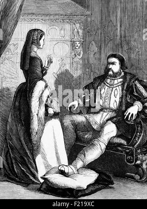 Henry VIII, possibly suffering from Gout and his last wife, Queen Catherine Parr, London, England. Late in life, Henry became obese, with a waist measurement of 54 inches and possibly suffered from gout. His obesity and other medical problems can be traced to the jousting accident in 1536 in which he suffered a leg wound that his doctors found difficult to treat.  The jousting accident is also believed to have caused Henry's mood swings, which may have had a dramatic effect on his personality and temperament. Stock Photo