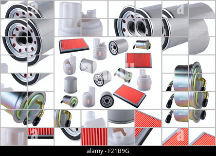 Many car filters isolated on White Background. Automobile spare part Stock Photo