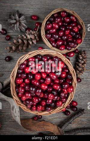Fresh ripe cranberries in two baskets on rustic dark wooden background with pine cones, overhead view. Stock Photo