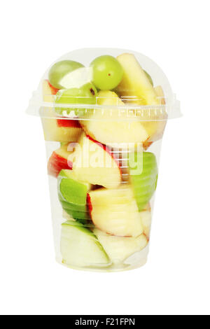 Mixed Cut Fruits in Plastic Cup on White Background Stock Photo