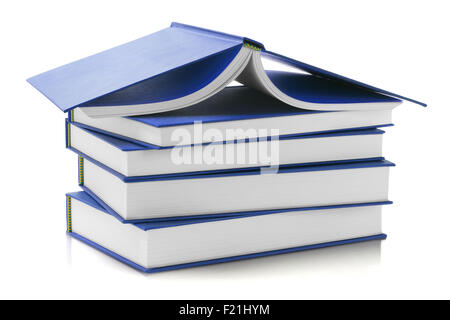Stack of Blue Hard Cover Books on White Background Stock Photo