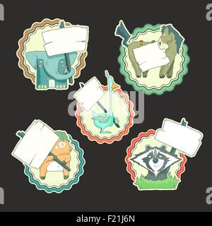 Hand-drawn cartoon vector collection of stickers animals with posters Stock Vector