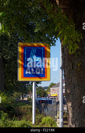 Aldi Supermarket sign, Ely, Cardiff, Wales, UK. Stock Photo