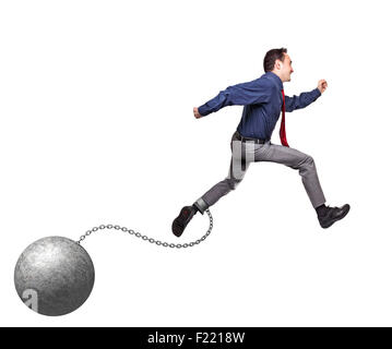 man with ball and chain on white Stock Photo