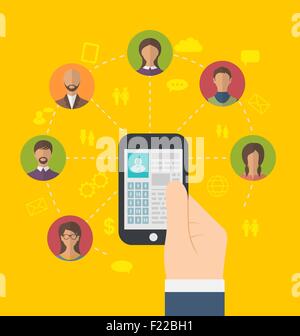 Social connection with profile page on phone and users icons Stock Vector