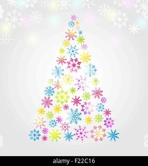 Christmas pine made of colorful different snowflakes Stock Vector