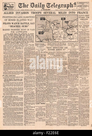 1944 Daily Telegraph front page reporting D-Day landings of Allies at Normandy Stock Photo