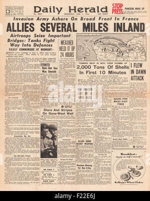 1944 Daily Herald front page reporting D-Day landings of Allies at Normandy Stock Photo