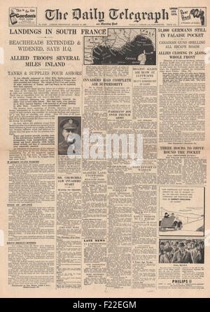 1944 Daily Telegraph front page reporting Allies land in Southern France Stock Photo