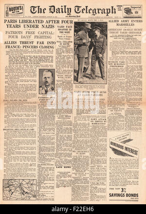 1944 Daily Telegraph front page reporting liberation of Paris by allied forces Stock Photo