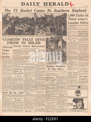 1944 Daily Herald front page reporting V2 Rocket Launched Against England Stock Photo