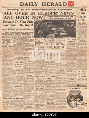 1945 Daily Herald front page reporting End of War in Europe as Nazi Germany Surrenders Stock Photo