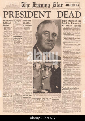 1945 The Evening Star (Washington) front page reporting Death of US President Franklin Roosevelt Stock Photo