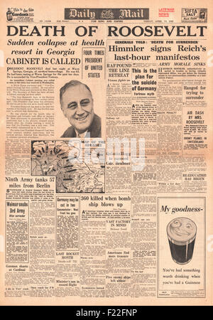 1945 Daily Mail front page reporting Death of US President Franklin Roosevelt Stock Photo