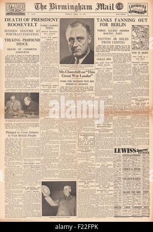 1945 The Birmingham Mail front page reporting Death of US President Franklin Roosevelt Stock Photo