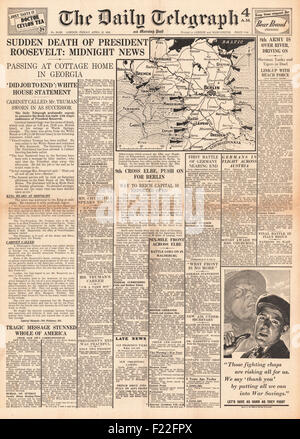 1945 Daily Telegraph front page reporting Death of US President Franklin Roosevelt Stock Photo