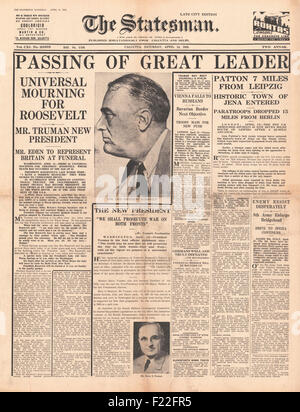 1945 The Statesman (Calcutta) front page reporting Death of US President Franklin Roosevelt Stock Photo