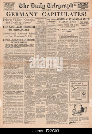 1945 Daily Telegraph front page reporting VE Day Stock Photo