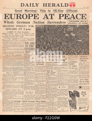 1945 Daily Herald front page reporting VE Day Stock Photo