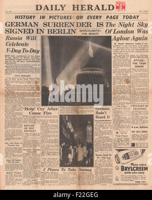 1945 Daily Herald front page reporting End of War in Europe as Nazi Germany Surrenders and VE Day Stock Photo