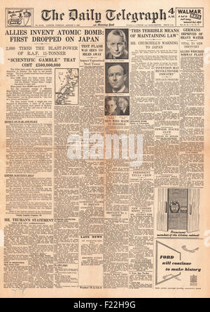 1945 Daily Telegraph front page reporting Atom Bomb Dropped On Hiroshima Stock Photo