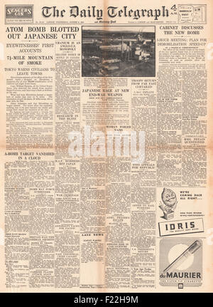 1945 Daily Telegraph front page reporting Atom Bomb Dropped On Hiroshima Stock Photo