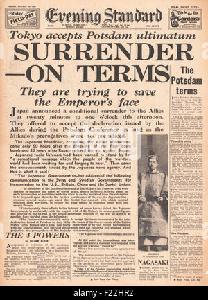 1945 Evening Standard (London) front page reporting Japan offers surrender to the Allies Stock Photo