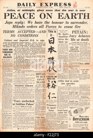 1945 front page Daily Express reporting the end of World War Two and VJ Day Stock Photo