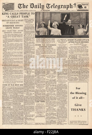 1945 Daily Telegraph front page reporting VJ Day celebrations in London Stock Photo