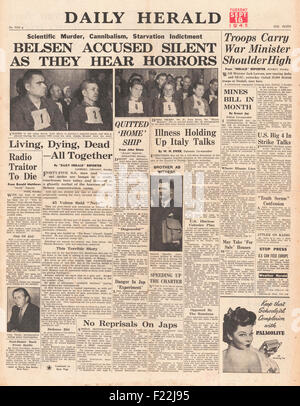 1945 Daily Herald front page reporting Opening day of the Belsen trial at Lüneburg Stock Photo