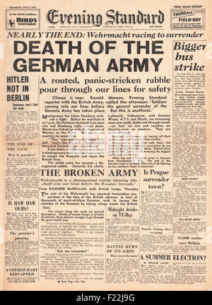 1945 Evening Standard (London) front page reporting Death of the German Army after mass surrender Stock Photo
