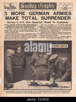 1945 Sunday Graphic front page reporting three more German armies surrender and German Forces offer to surrender in Norway Stock Photo
