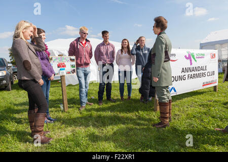 Courance, Moffat, Scotland, UK. 10th September, 2015. The Princess Royal visits the 2015 International Sheep Dog Trials and chats to local Young Farmers. Credit:  Michael Buddle/Alamy Live News Stock Photo