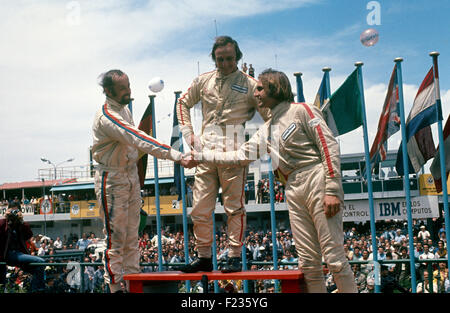 The podium at the VIII Gran Premio de la Republica Argentina 24th January 1971, Henri Pescarolo 2nd, Chris Amon winner and Carlos Reutemann  3rd Stock Photo