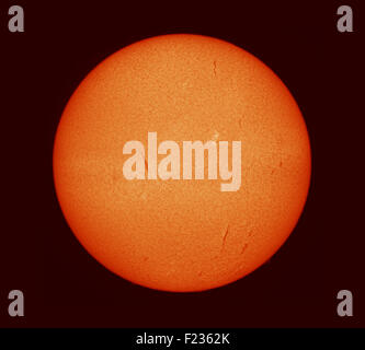 London, UK. 10th September, 2015. The solar surface is quiet at the moment with very few active regions however a number of massive filaments can be seen across the disk in this Hydrogen alpha filtered image. Credit:  Malcolm Park editorial/Alamy Live News Stock Photo