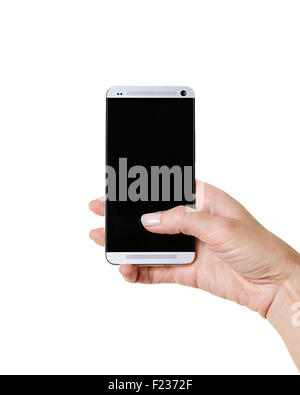 Smartphone with Blank Screen in Hand, Cut Out. Stock Photo