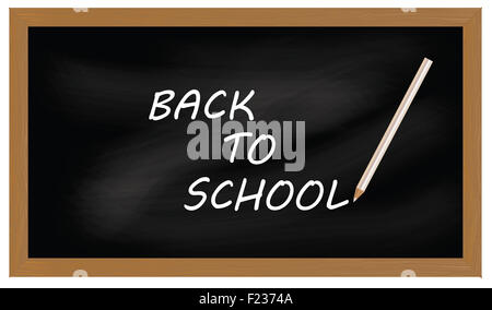 Black chalkboard background  illustration with sign back to school and white crayon Stock Photo