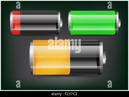 Vector set of transparent battery illustration. Green, orange and red battery on dark background Stock Photo